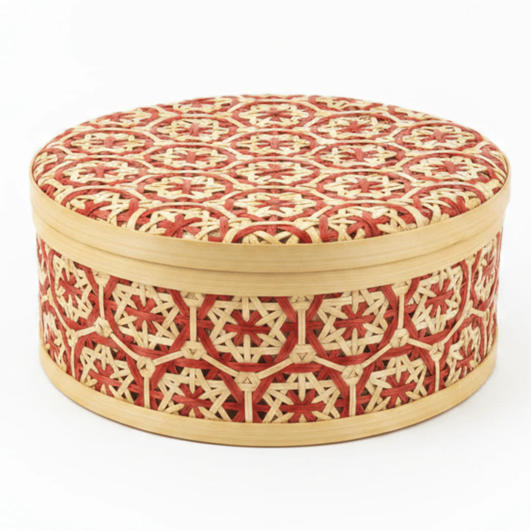 Handwoven Round Bamboo Rattan Storage Box with Lid | Geometric Patterned Decorative Basket | 25cm |