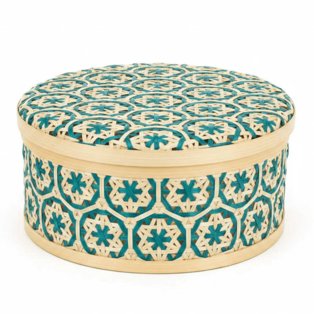 Handwoven Round Bamboo Rattan Storage Box with Lid | Geometric Patterned Decorative Basket | 25cm | - Image 5