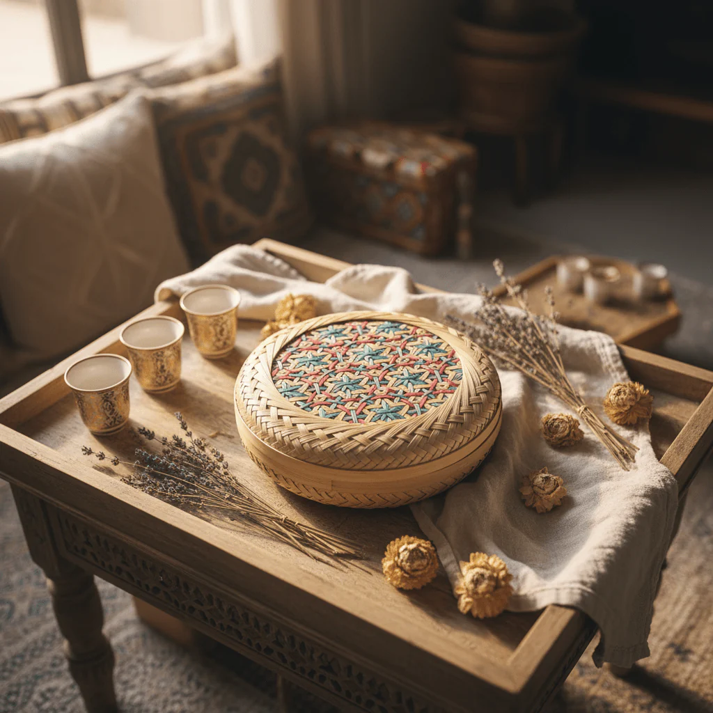 Handwoven Round Rattan Box with Geometric Pattern Lid – 20cm | Decorative Storage & Gift Box - Image 2