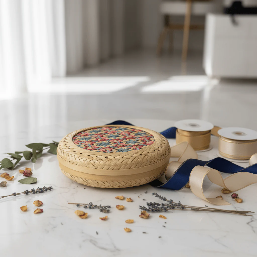 Handwoven Round Rattan Box with Geometric Pattern Lid – 20cm | Decorative Storage & Gift Box - Image 3