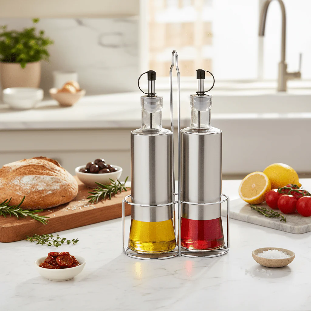 Harmony Tabletop 2-Piece Oil & Vinegar Bottle Set with Stand – Clear - Image 3