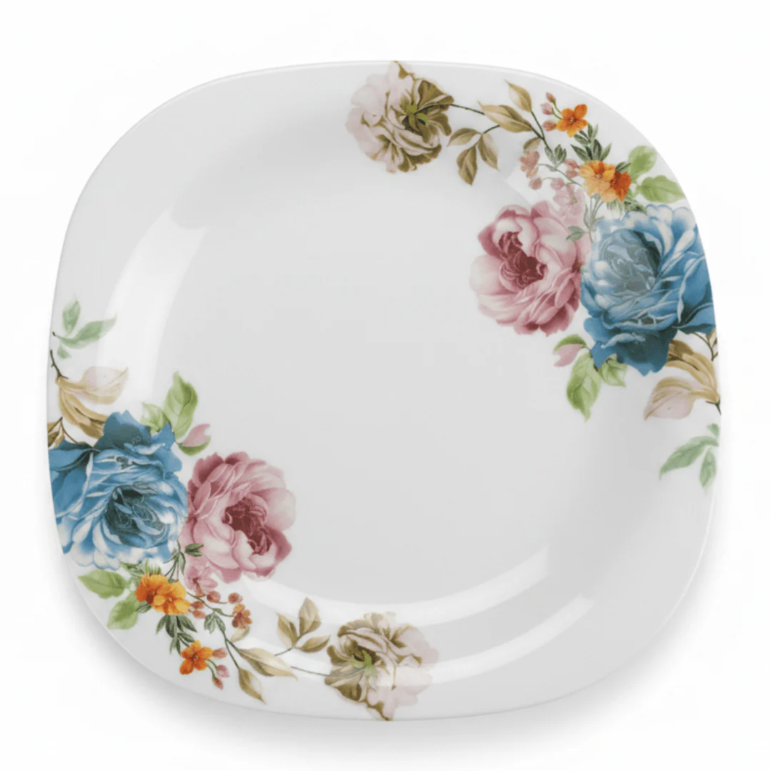 Harmony White Opalware Flat Dinner Plate with Floral Design - 11 Inch