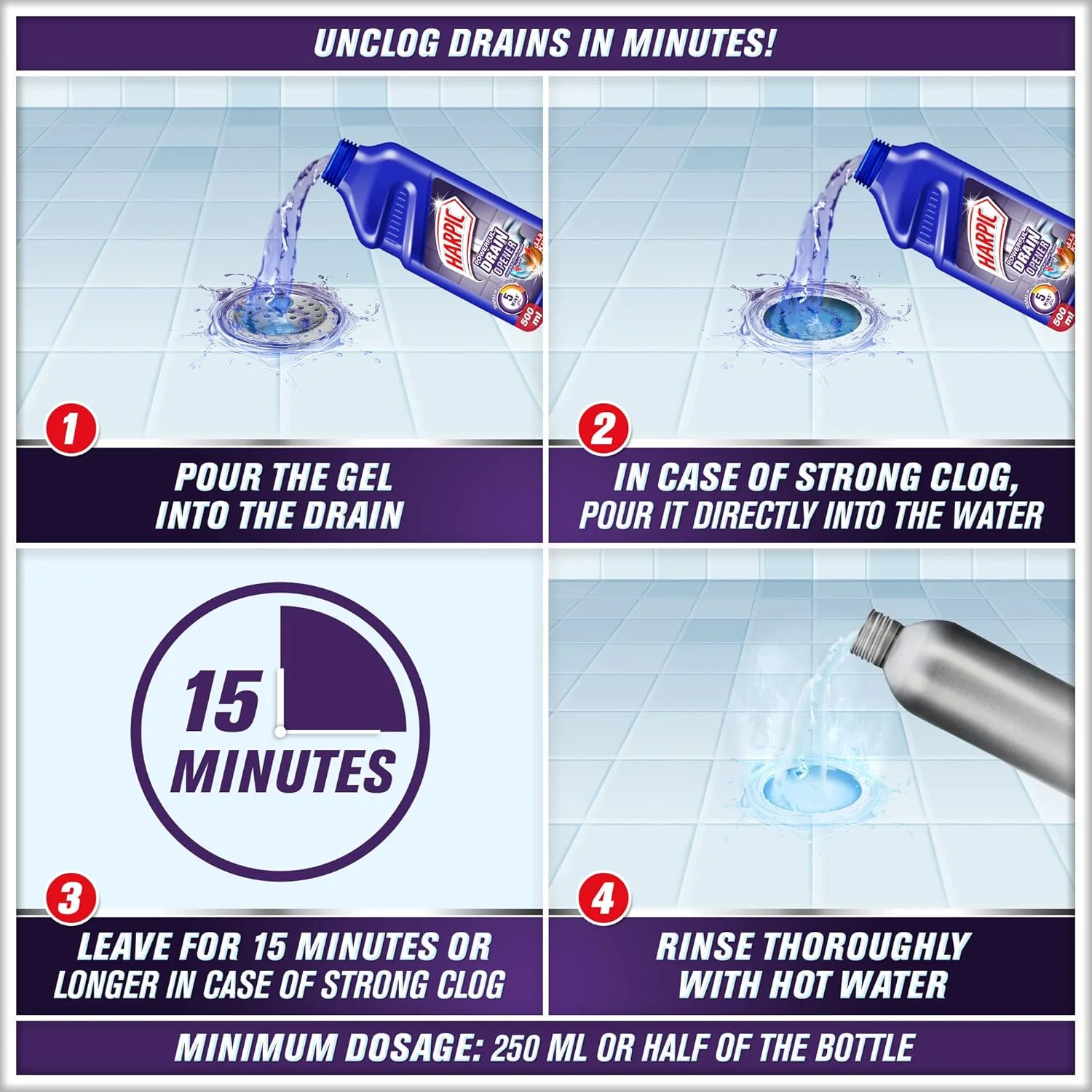 Harpic Powerful Drain Opener Cleaning Gel, 500 ml - Image 2