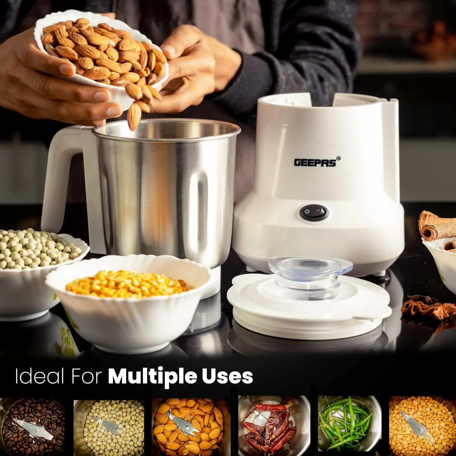 Geepas Coffee Grinder GCG6105 - 450W Electric Grinder | Separate Stainless Steel Blades for Coffee Beans, Spices & Dried Nuts Grinding | Detachable Bowl |Large Capacity Mill - Image 3