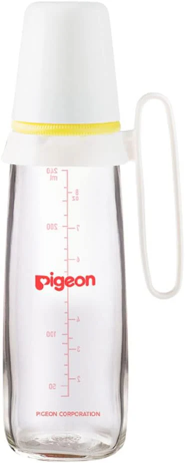 Pigeon Slim Neck Glass Feeding Bottle, White Cap With Handle, Ultra-Soft Silicone, Anti-Colic, Bpa & Bps Free, 240ml, Assorted Color