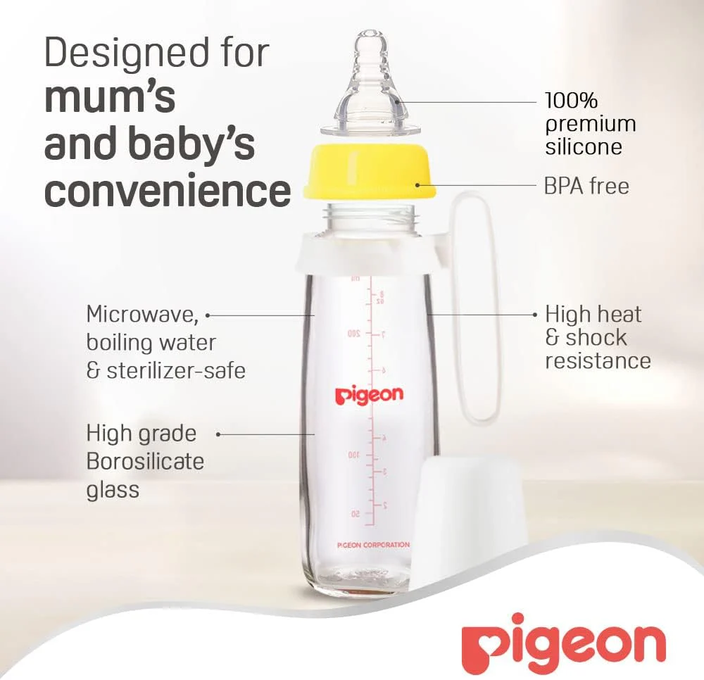 Pigeon Slim Neck Glass Feeding Bottle, White Cap With Handle, Ultra-Soft Silicone, Anti-Colic, Bpa & Bps Free, 240ml, Assorted Color - Image 2
