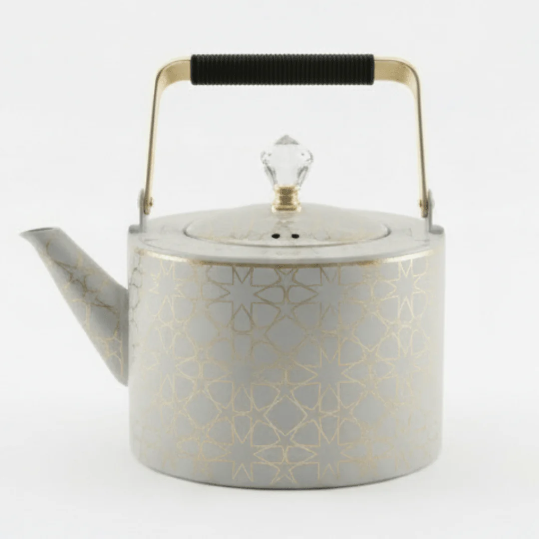 Grey & Gold Metal Kettle – 2 Litre | Elegant Crystal Lid Knob | Geometric Engraved Luxury Tea Kettle for Arabic Hospitality & Gifting