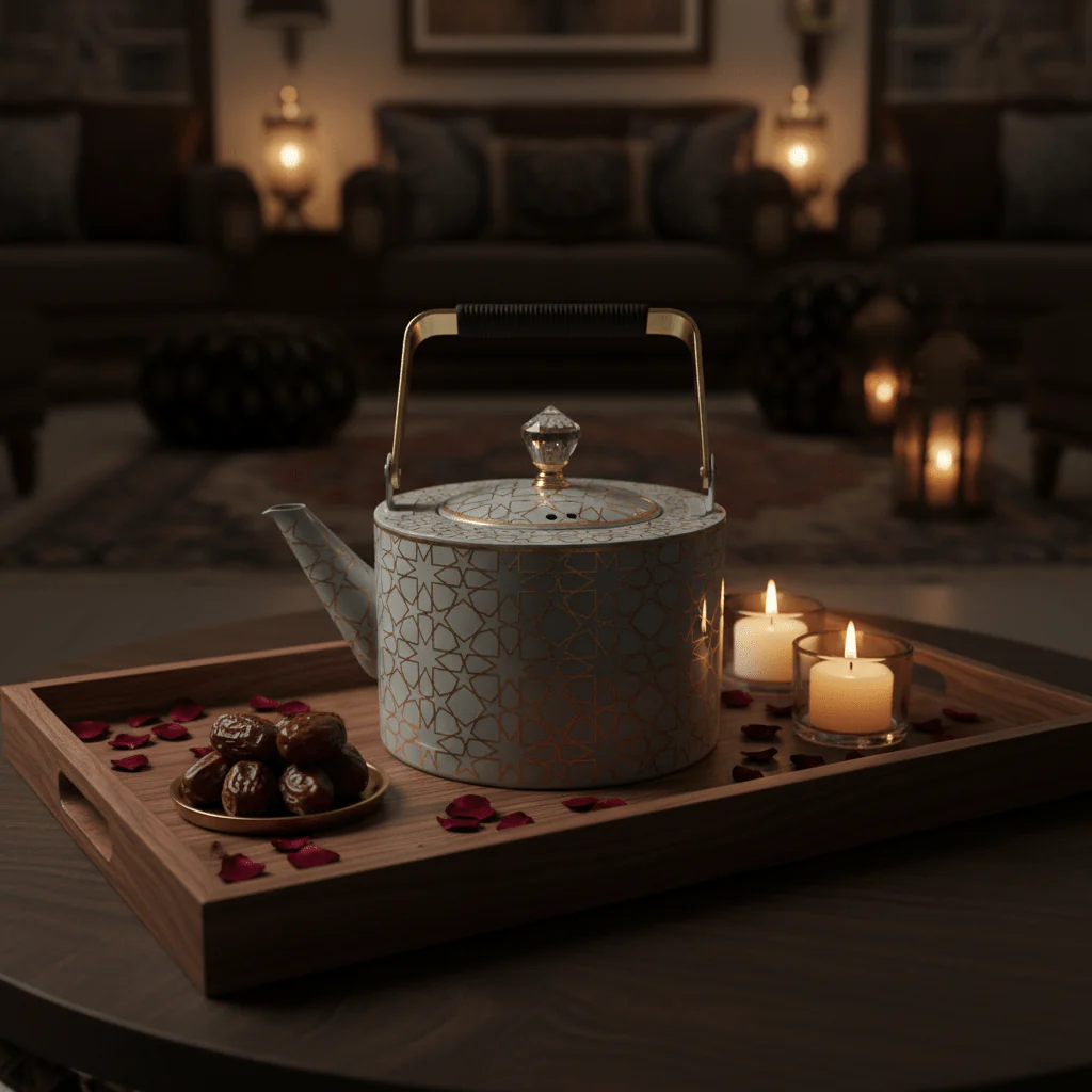 Grey & Gold Metal Kettle – 2 Litre | Elegant Crystal Lid Knob | Geometric Engraved Luxury Tea Kettle for Arabic Hospitality & Gifting - Image 2
