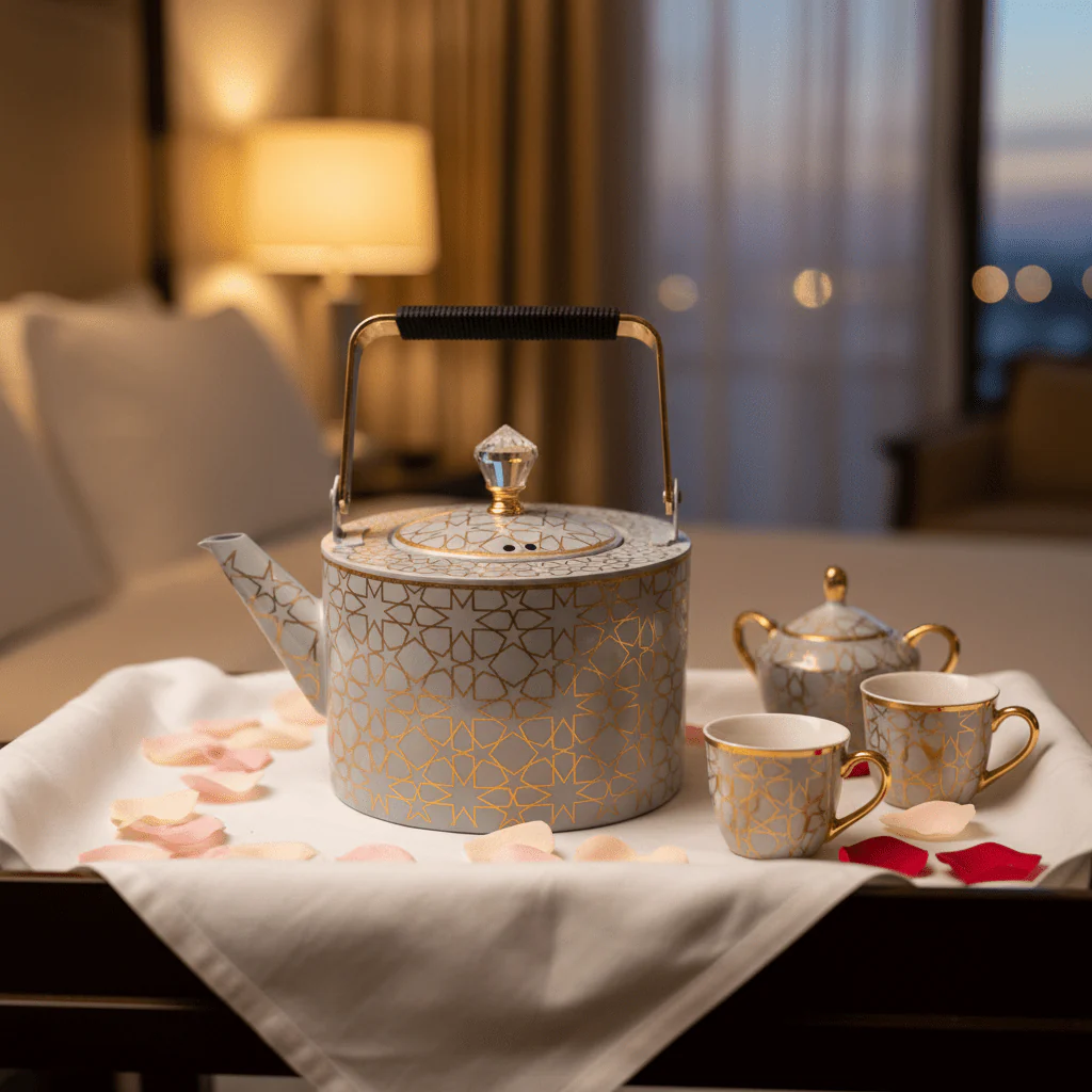 Grey & Gold Metal Kettle – 2 Litre | Elegant Crystal Lid Knob | Geometric Engraved Luxury Tea Kettle for Arabic Hospitality & Gifting - Image 3