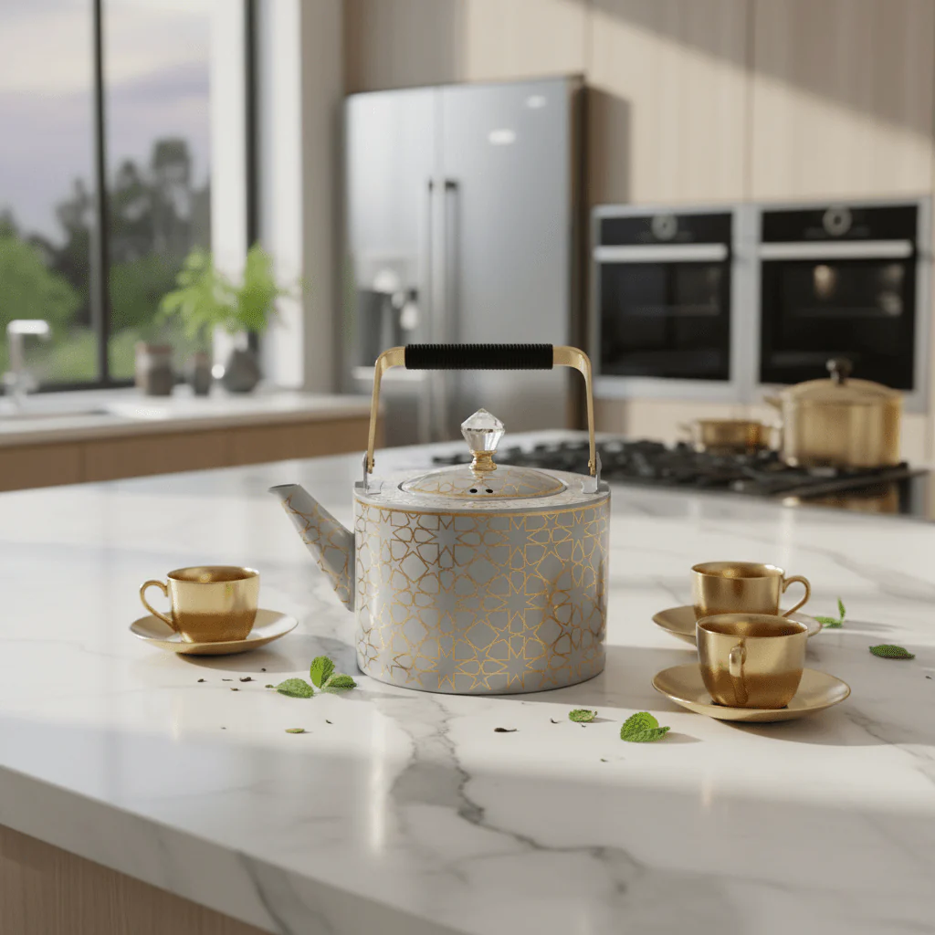 Grey & Gold Metal Kettle – 2 Litre | Elegant Crystal Lid Knob | Geometric Engraved Luxury Tea Kettle for Arabic Hospitality & Gifting - Image 4