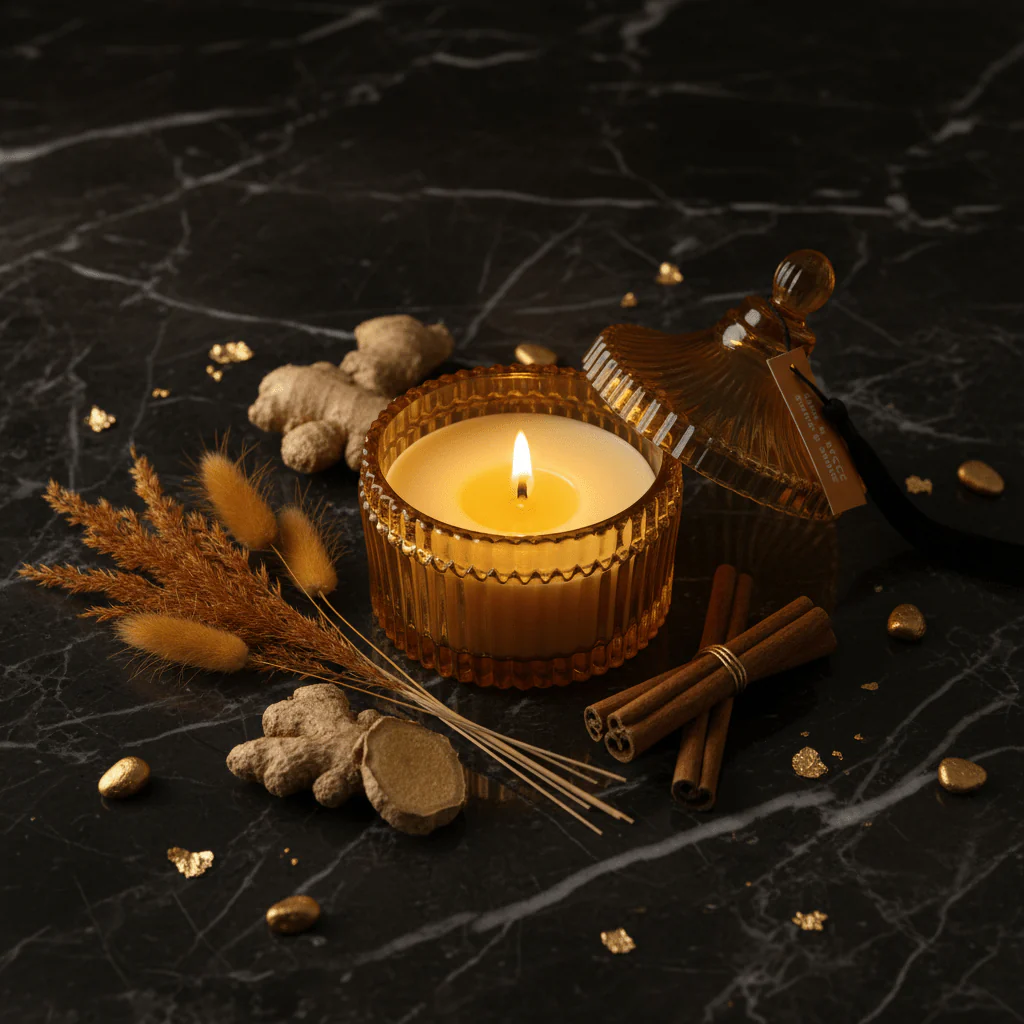 Home Fragrance Amber & Ginger Lily Luxury Aromatherapy Candle with Premium Glass Jar – 10 cm - Image 2