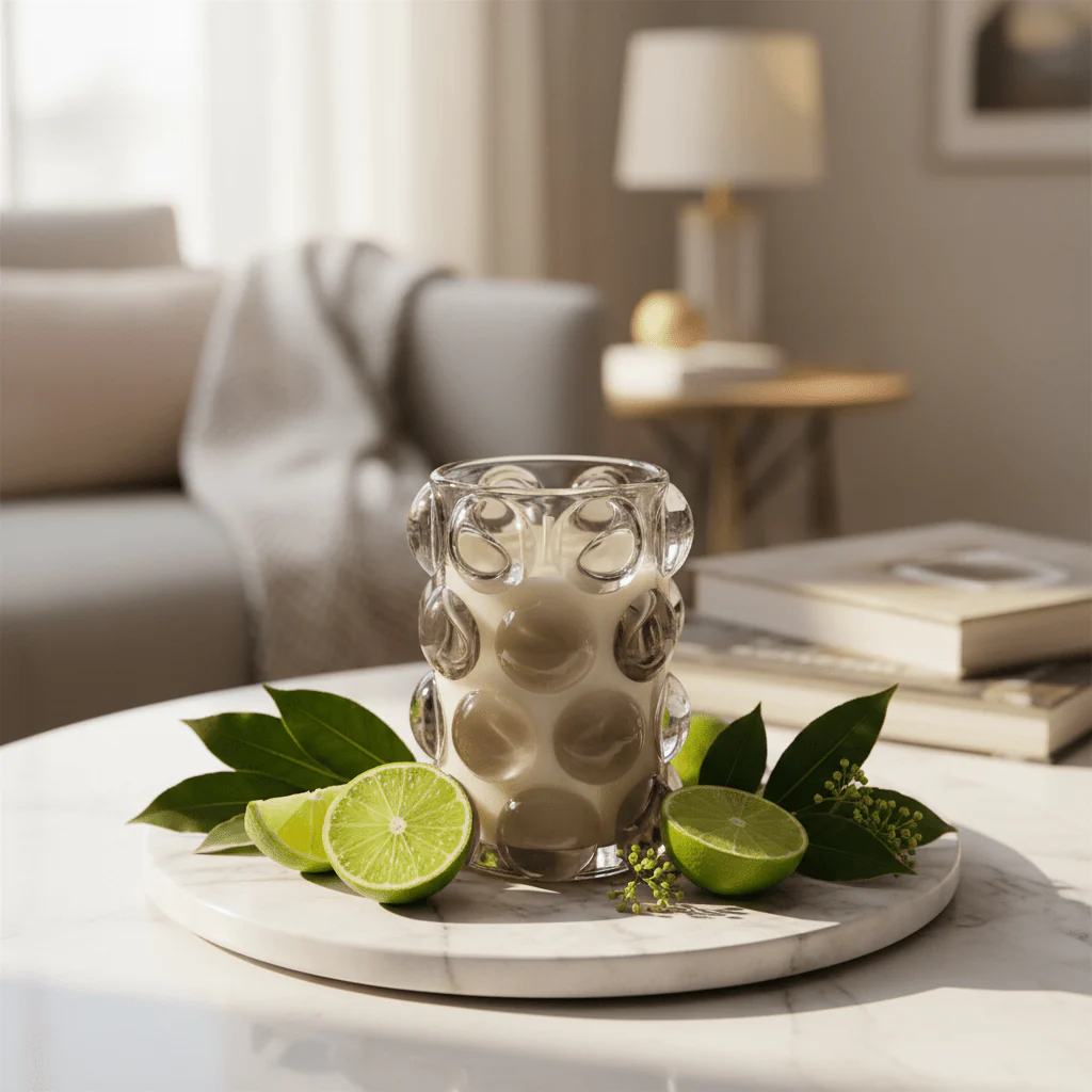 Home Fragrance Bay Leaf & Lime Refreshing Aromatic Candle with Glass Cup – 12 cm - Image 3
