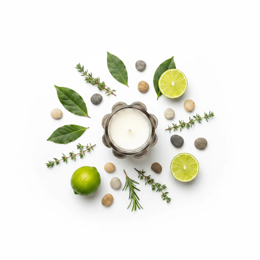 Home Fragrance Bay Leaf & Lime Refreshing Aromatic Candle with Glass Cup – 12 cm - Image 4
