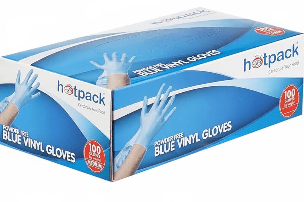 Hotpack 100pcs Powder Free Blue Vinyl Gloves Medium 94mm