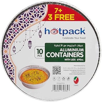 Hotpack 10pcs Round Aluminium Containers with Lid 690cc