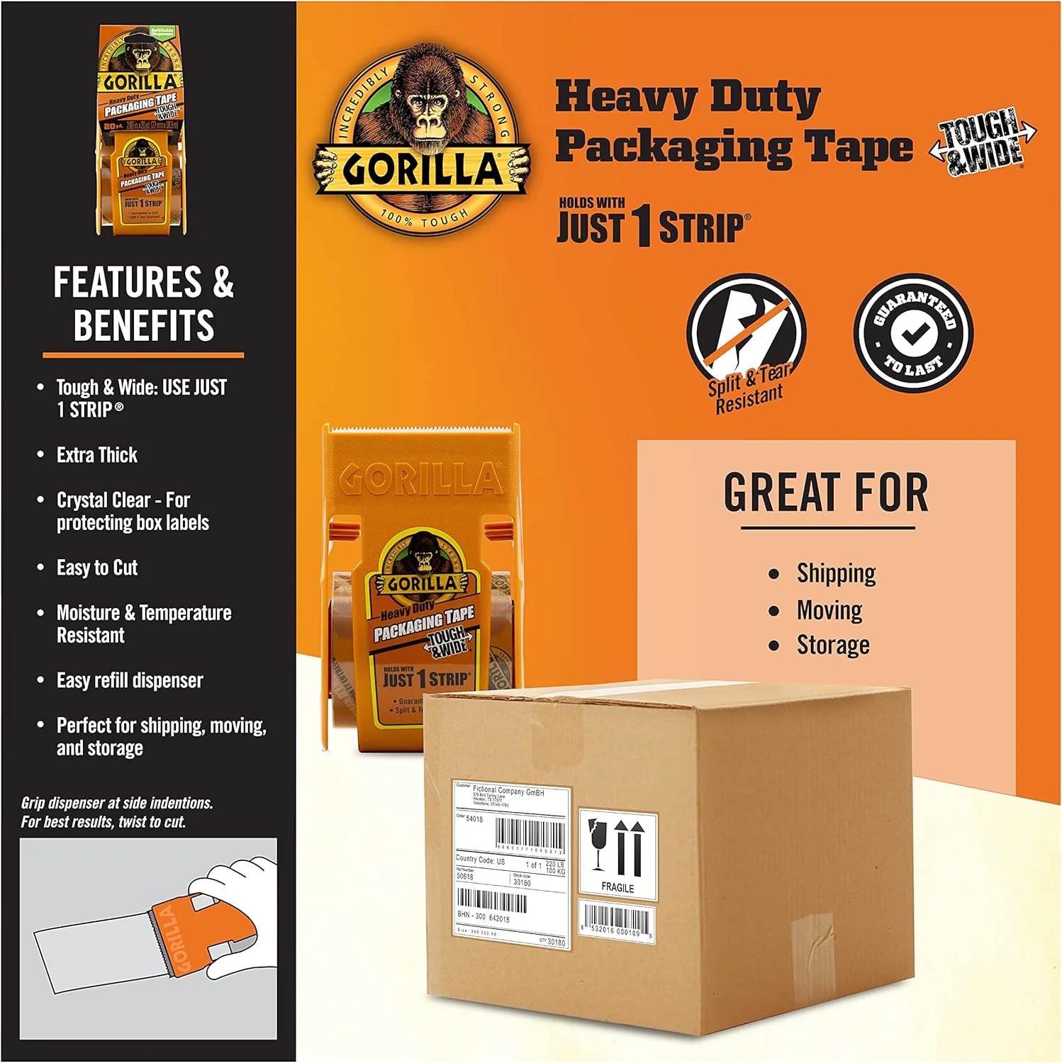 Gorilla Clear Packing Tape (2.83" x 20yd) with Dispenser – Heavy-Duty Moving Tape - Image 4
