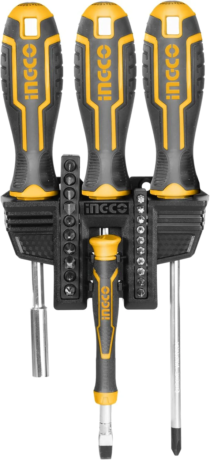 Ingco 24-Piece Magnetic Ratcheting Screwdriver & Bits Set, Multipurpose Compact Design, Yellow, HKSDB02482