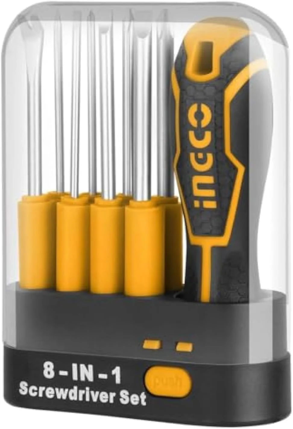 Ingco 8-in-1 CRV Magnetic Screwdriver Set with Interchangeable Handle & Storage Case, Yellow, AKISD0901