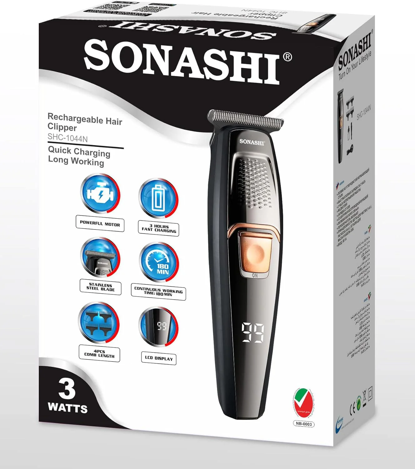 Sonashi Rechargeable Hair Clipper with 3Hrs Continuous Working, LCD Display and ON/OFF Switch Features, Stainless Steel Blades, Trimmer for Perfect Grooming, 1200mAh SHC-1044N Black - Image 5