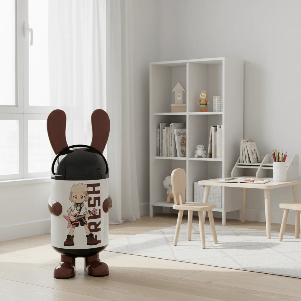 Italo Cartoon Character Plastic Trash Can with Black Lid – White & Brown, 70cm - Image 2