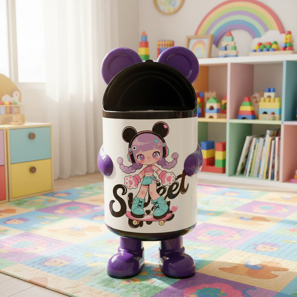 Italo Sweet Girl Cartoon Character Plastic Trash Can | 60cm | White & Purple with Black Lid - Image 2
