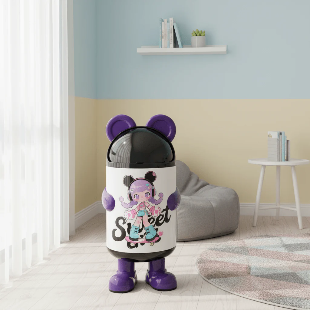 Italo Sweet Girl Cartoon Character Plastic Trash Can | 60cm | White & Purple with Black Lid - Image 3