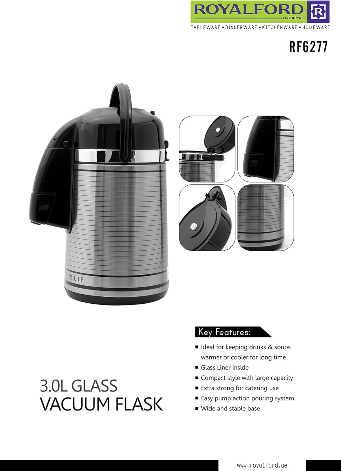 Royalford 3L Vacuum Flask - Heat Insulated Thermos for Keeping Hot/Cold Long Hour Heat/Cold Retention, Multi-Walled, Hot Water, Tea, Beverage | Ideal for Social Occasion, Commercial & Outings - Image 4