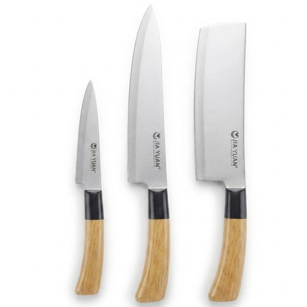 Jia Yuan 3-Piece Stainless Steel Kitchen Knife Set – Cleaver, Chef & Fruit Knife with Wooden Handles