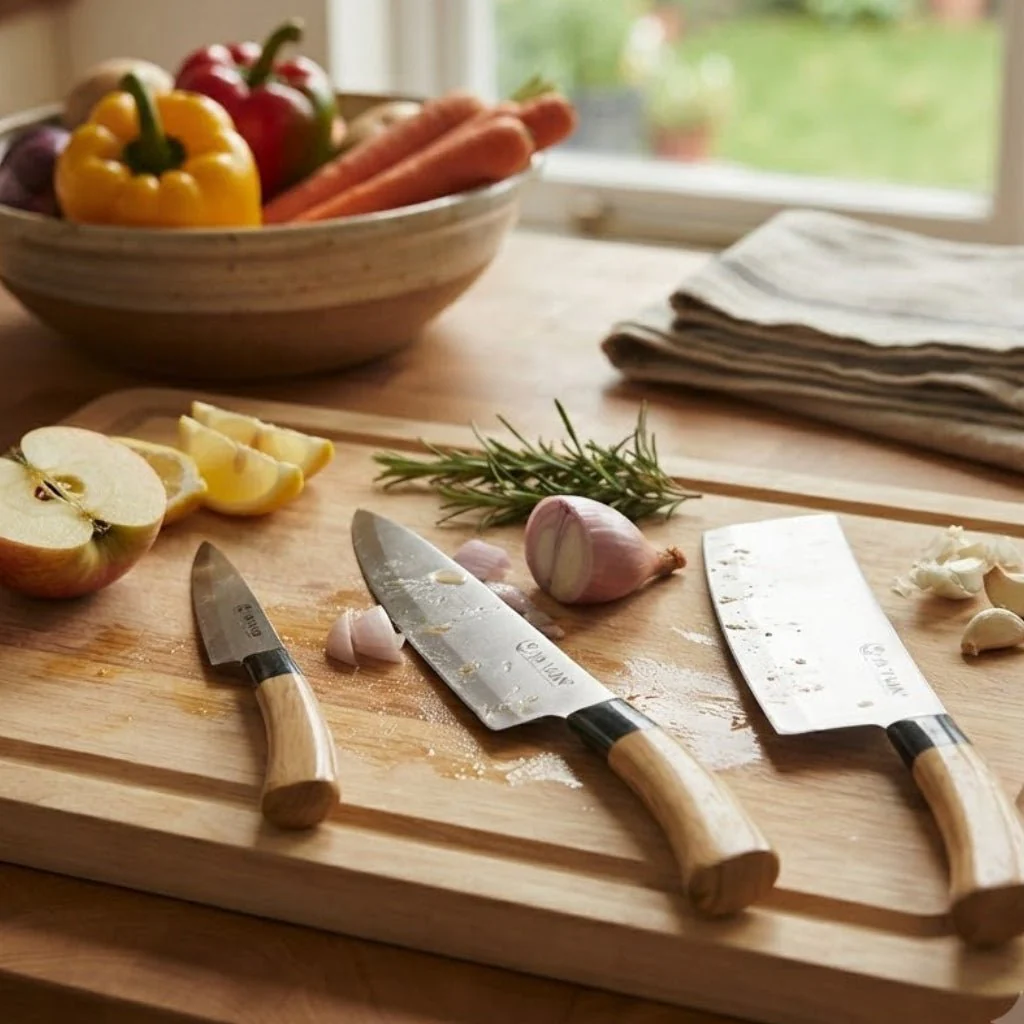 Jia Yuan 3-Piece Stainless Steel Kitchen Knife Set – Cleaver, Chef & Fruit Knife with Wooden Handles - Image 2