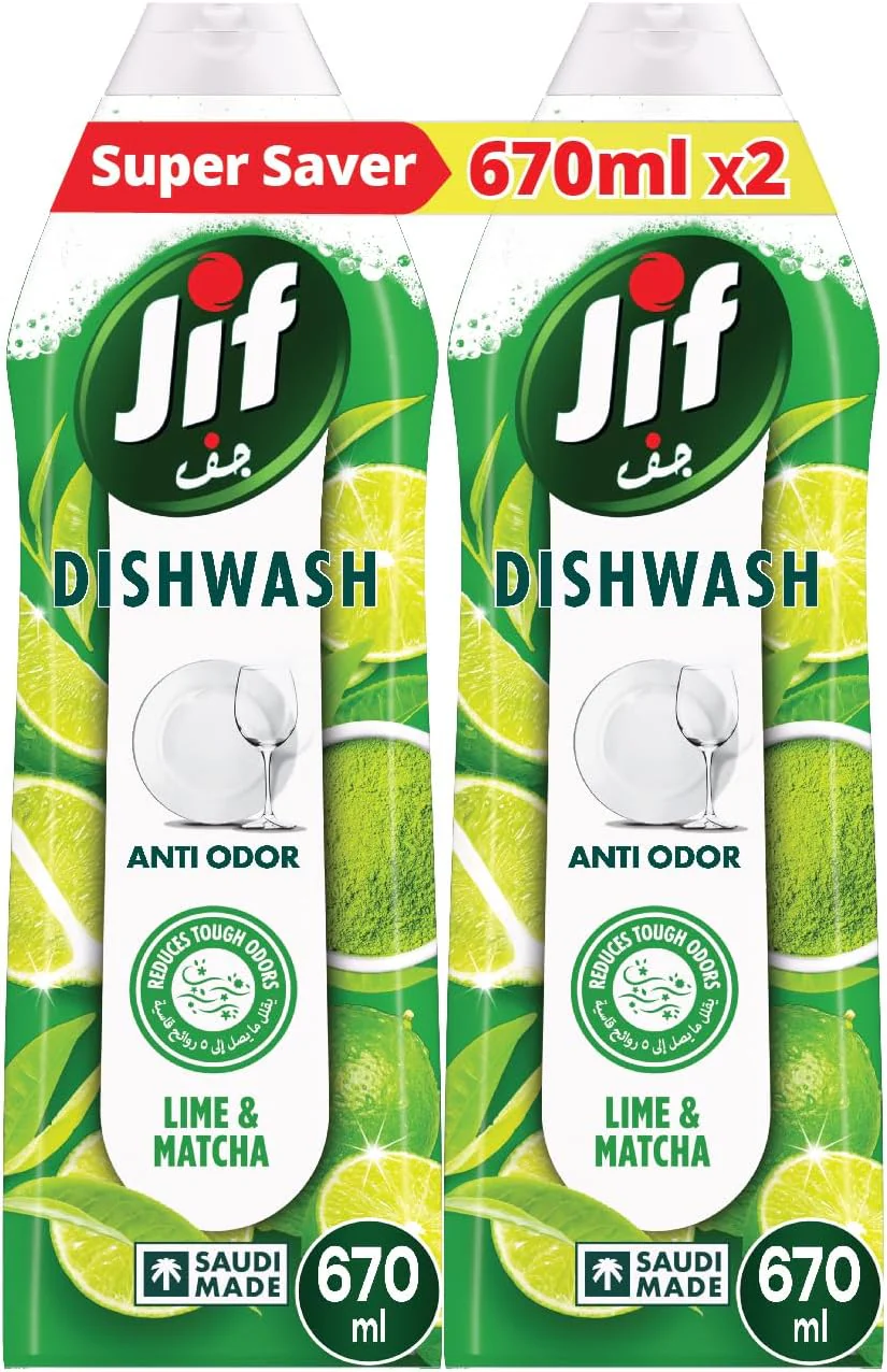 JIF Anti Odor Dishwashing Liquid, Lime & Matcha Tea, for 100% Grease Removal, 670 ML x 2