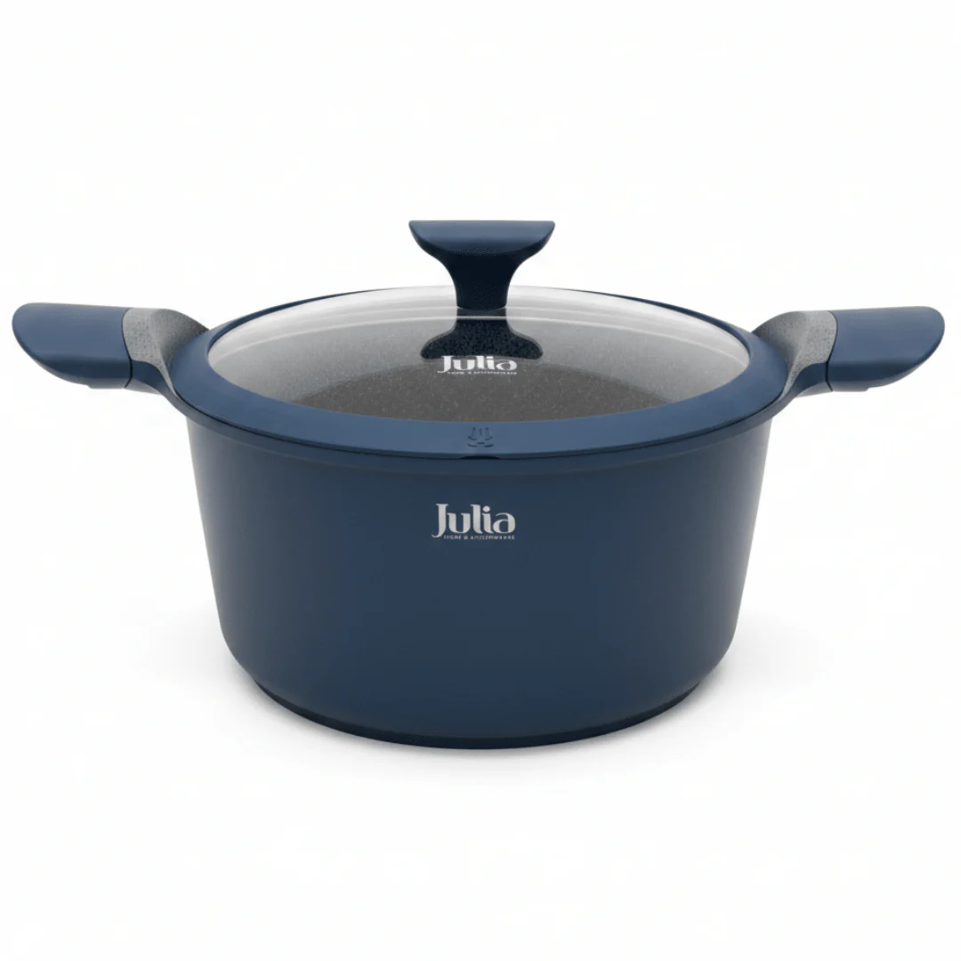 Julia Blue Casserole with Glass Lid | Non-Stick Grey Marble Coating | 24cm