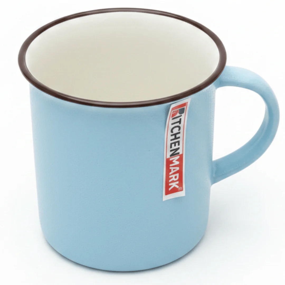 Kitchen Mark Classic Enamel Mug – Sky Blue with Brown Rim | 325ml