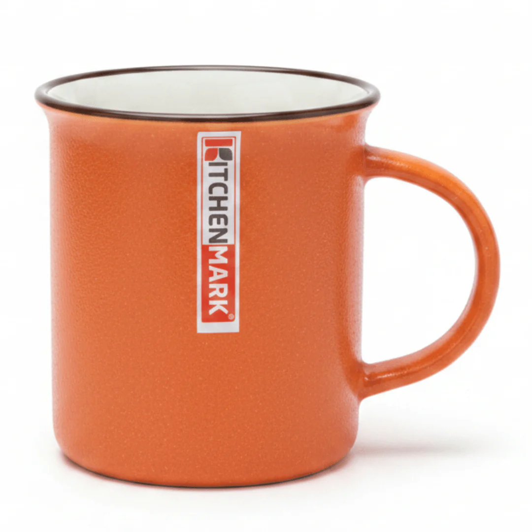 KitchenMark Classic Enamel Mug – Orange | 325ml | Brown Rim | Vintage-Style Drinkware