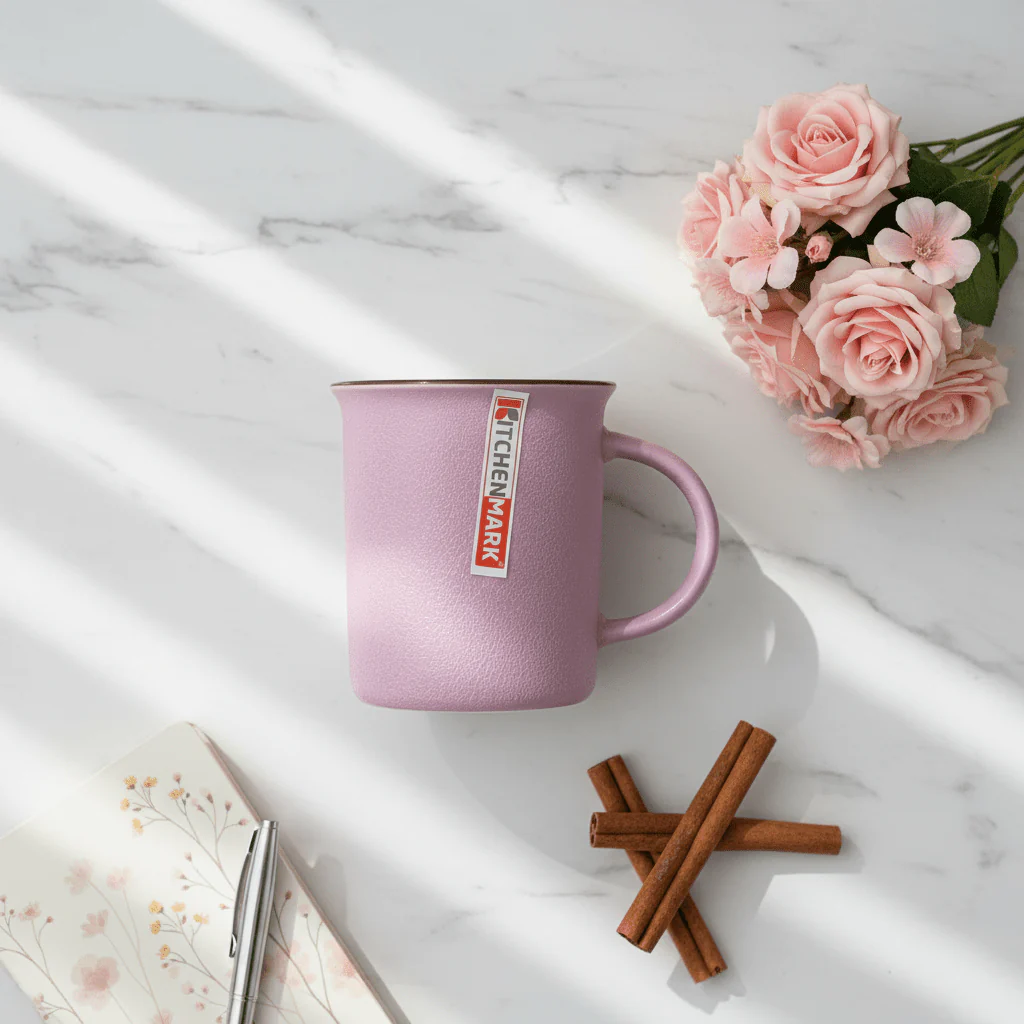 Kitchen Mark Vintage Enamel-Style Ceramic Mug — Dusty Pink | 325ml | Brown Rim - Image 3