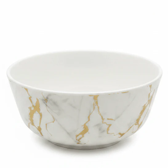 Kitchen Mark Round White Melamine Serving Bowl with Golden Shade Design, Ideal for Serving Salads, Curries & Snacks – 7.75 Inch