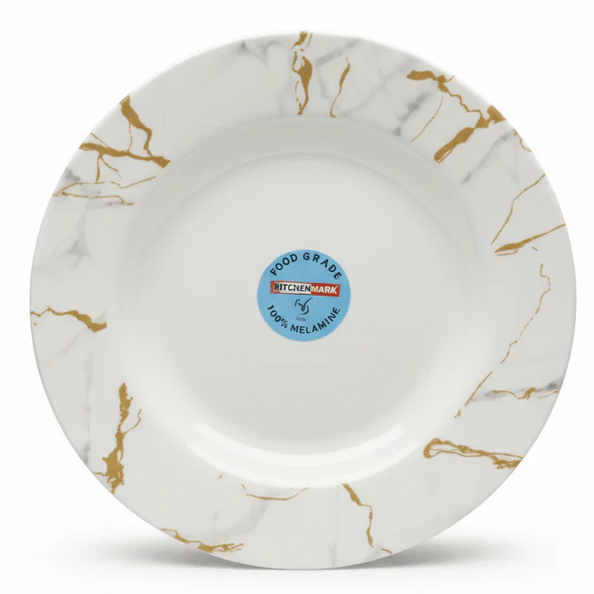 Kitchen Mark Round White Melamine Soup Plate with Golden Shade Design, Premium Quality Durable Tableware for Home & Restaurant Use – 8 Inch