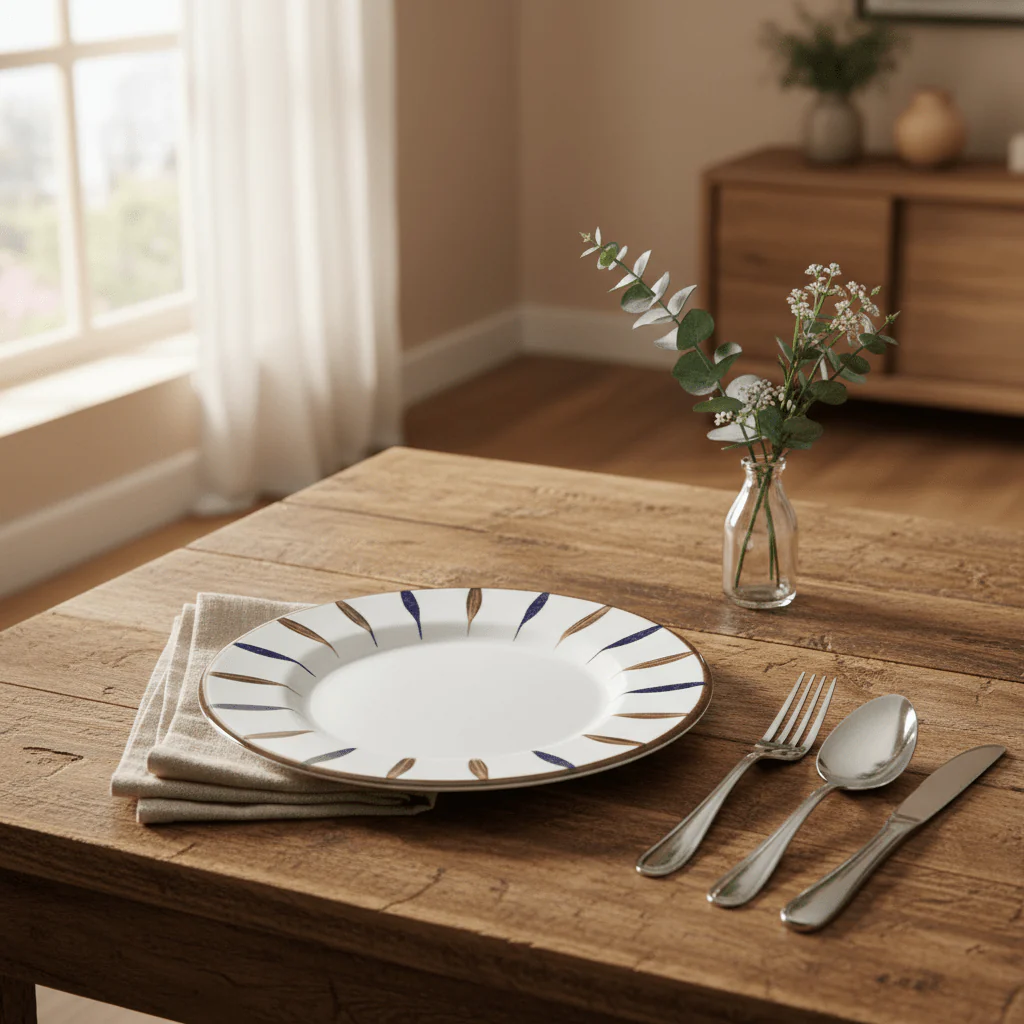 Landreen White with Navy Blue and Brown Leaf Print Round Melamine Dinner Plate 10.5 Inch Stylish Dining Plate - Image 2
