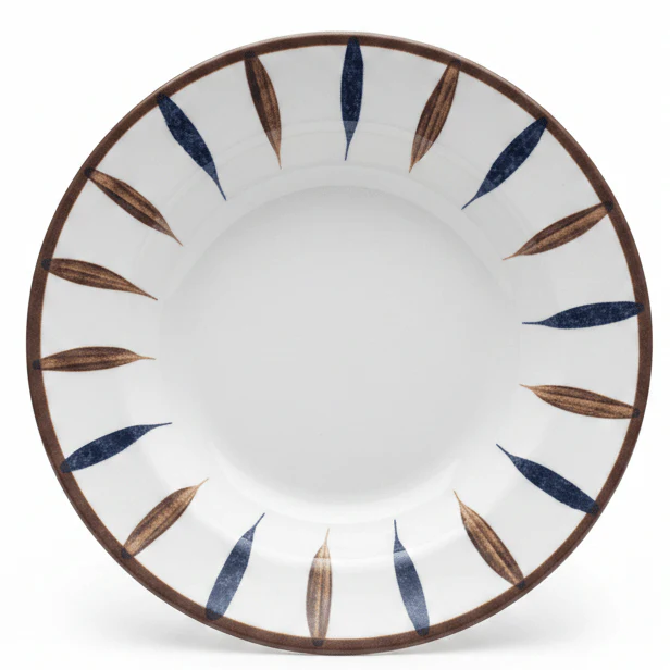 Landreen White with Navy Blue and Brown Leaf Print Round Melamine Soup Plate 8 Inch Compact Soup Dish