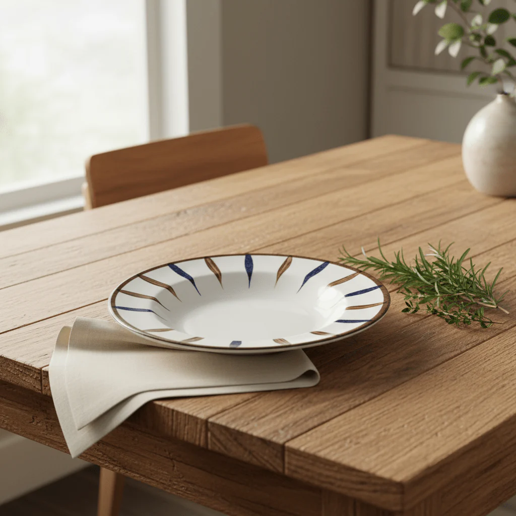 Landreen White with Navy Blue and Brown Leaf Print Round Melamine Soup Plate 8 Inch Compact Soup Dish - Image 2