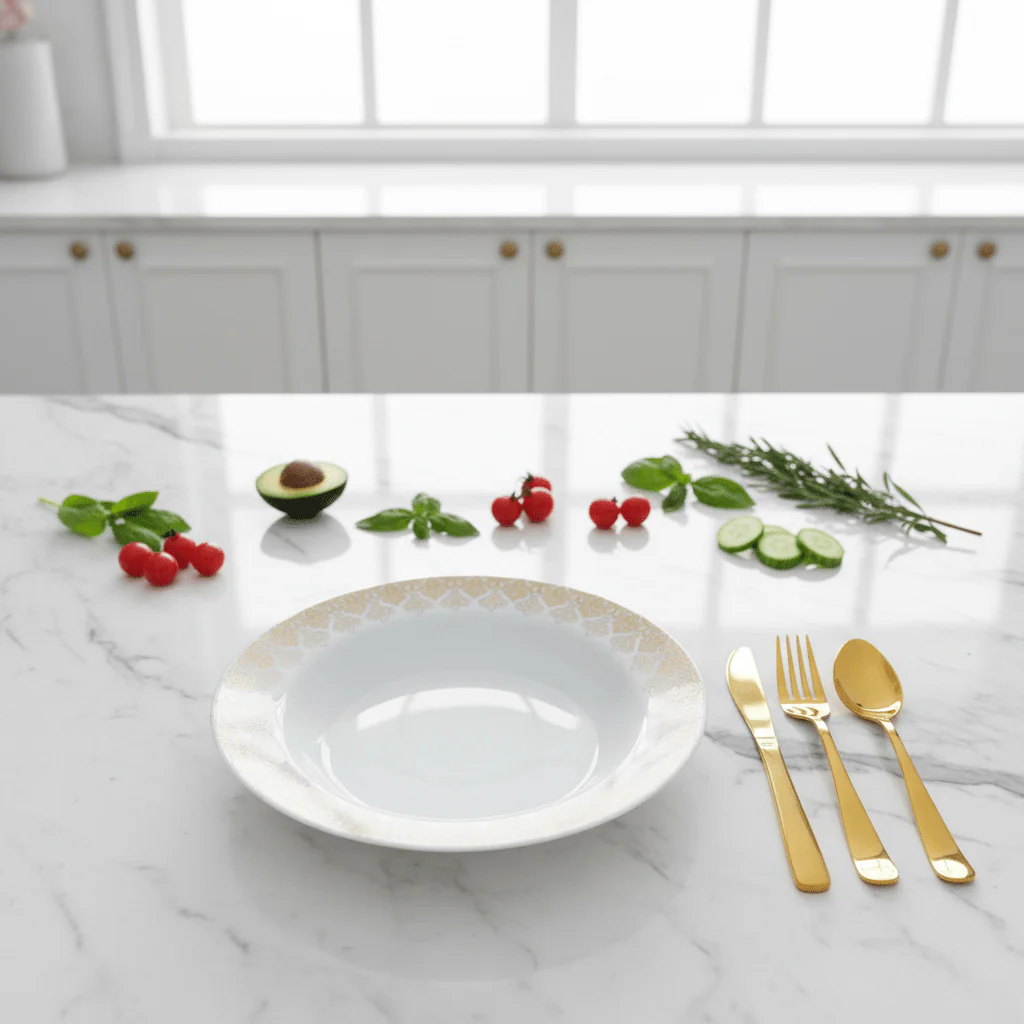 Larah by Borosil White & Gold Opalware Soup Plate 9 Inch - Image 2