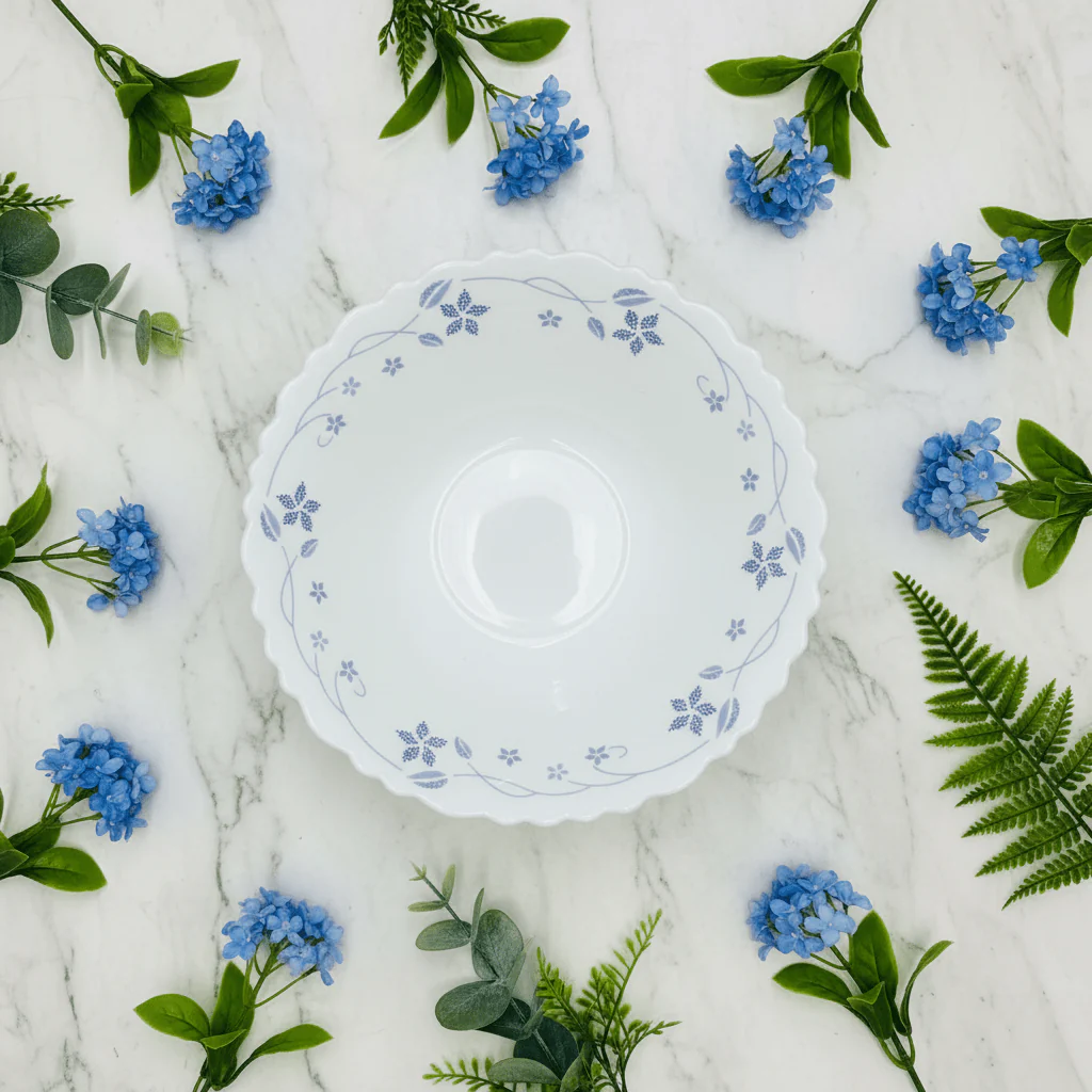 Larah Fluted White Opalware Multipurpose Bowl with Blue Floral Design – 6.5 Inch - Image 4