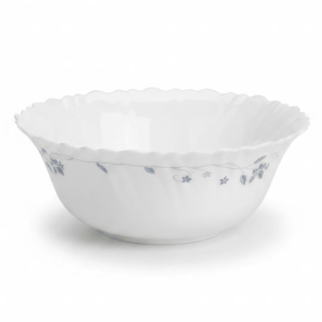 Larah Fluted White Opalware Serving Bowl with Blue Floral Design – 8 Inch