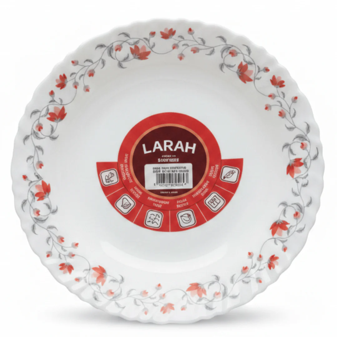 Larah Fluted White Opalware Soup Plate with Red Floral Design – 9 Inch
