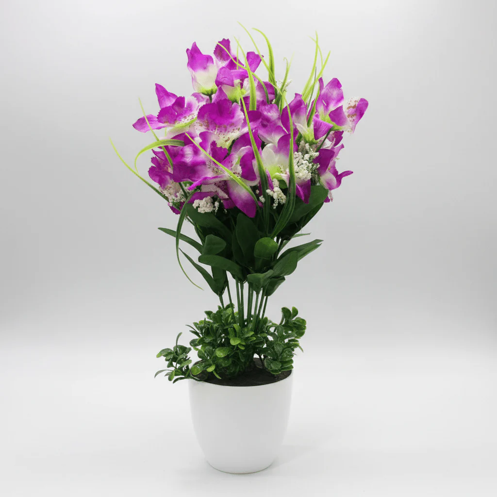 Lavender & White Artificial Orchid Flower Plant | White Plastic Vase | 38cm - Image 4