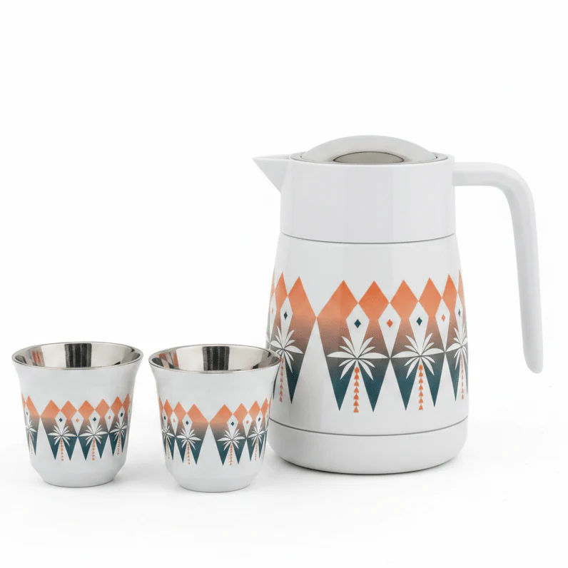Lavin White Vacuum Flask with Palm Tree Design and 2 Cawa Cups for Traditional Coffee Serving 500 ml