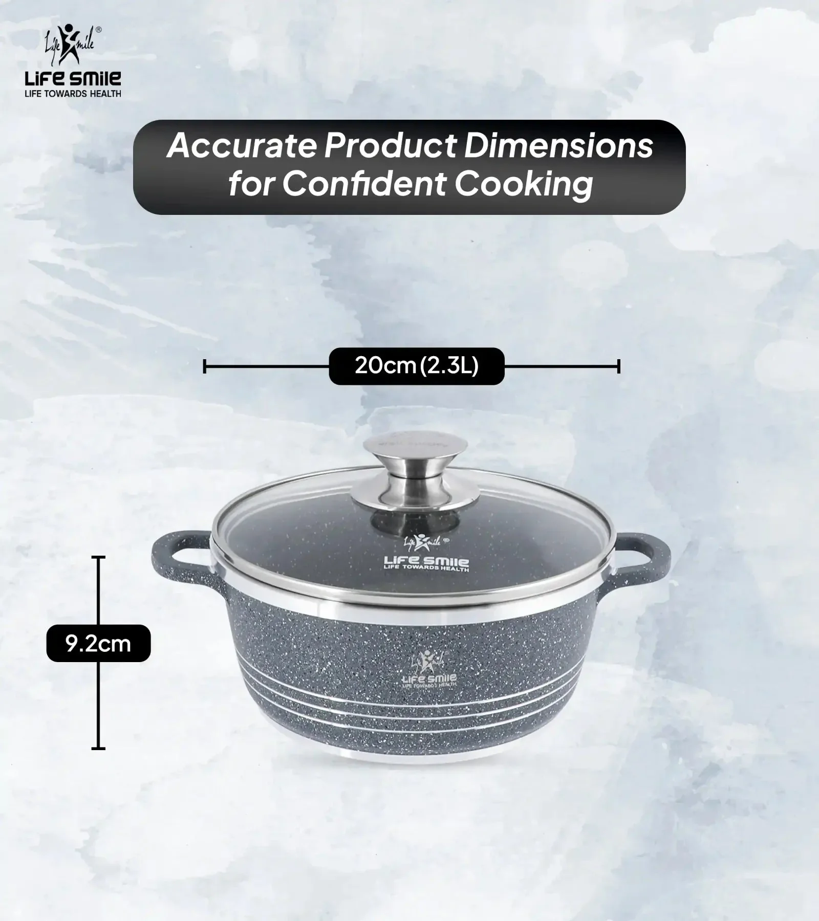 Life Smile 20cm Oven-Safe Granite Coating Cooking Pot with Glass Lid Beige/Black/Gray - Image 4