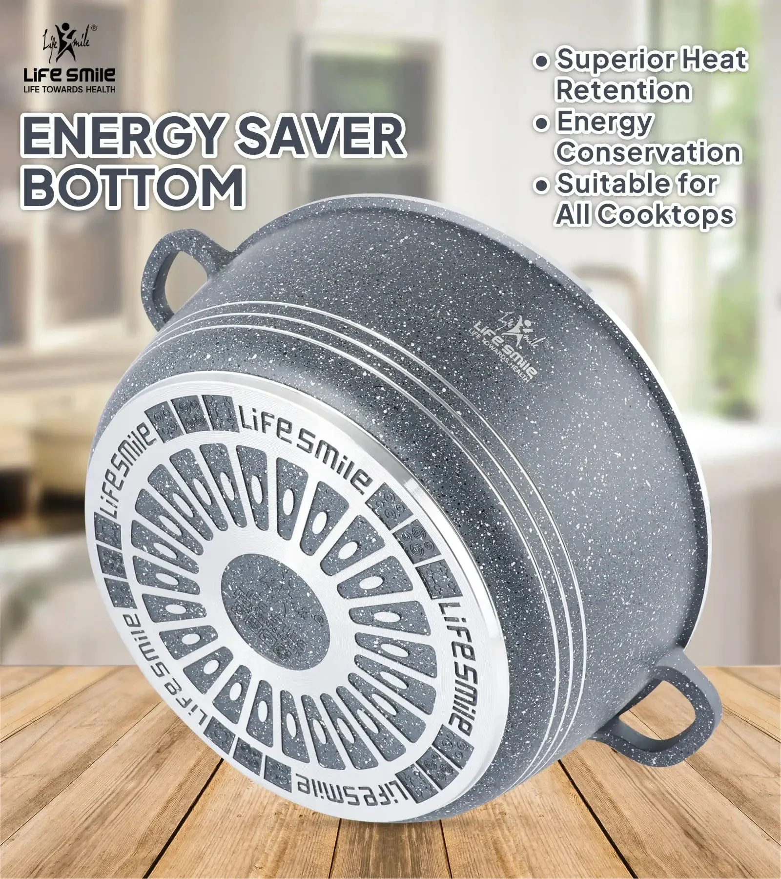 Life Smile 20cm Oven-Safe Granite Coating Cooking Pot with Glass Lid Beige/Black/Gray - Image 5