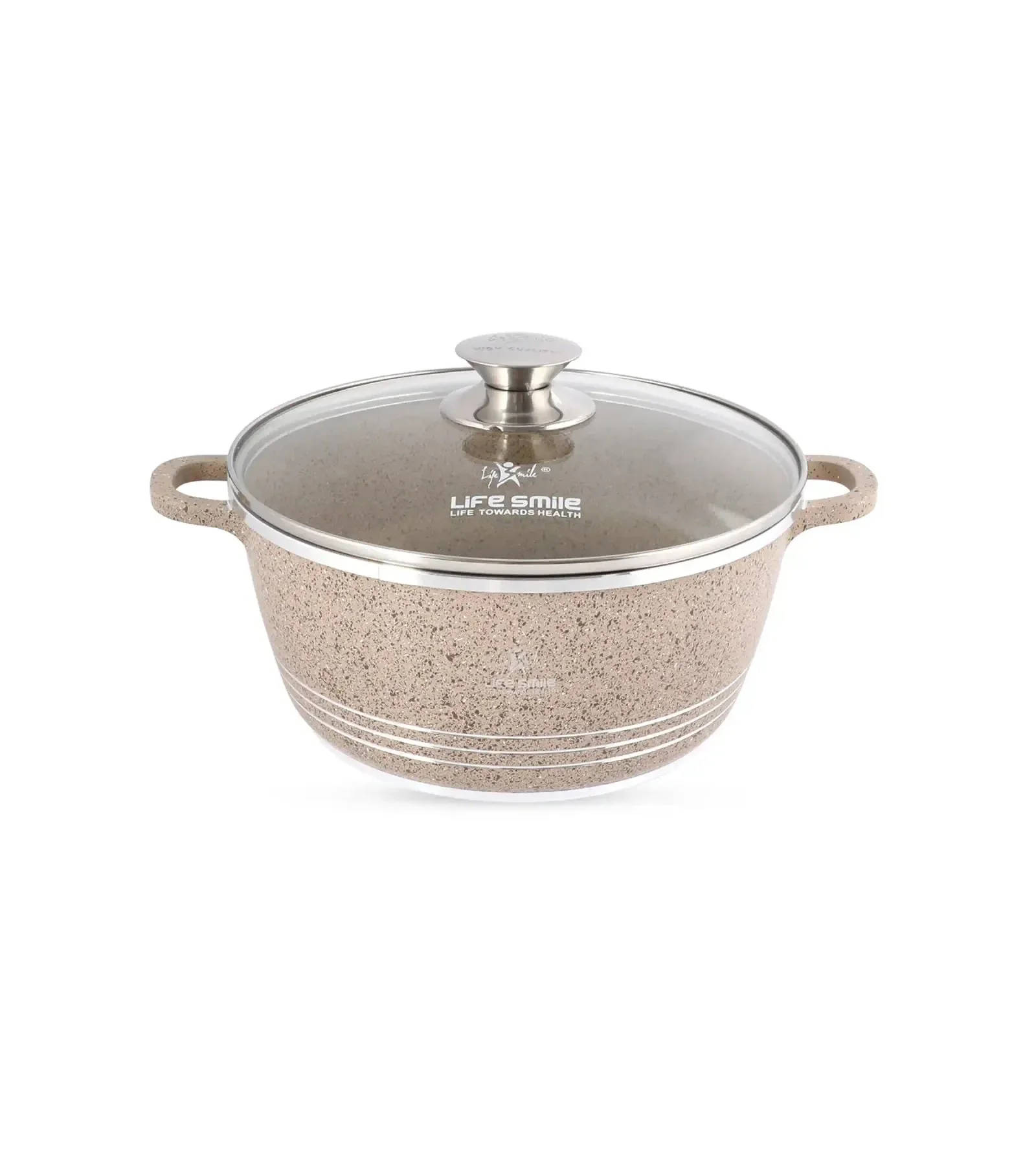 Life Smile 24cm Oven-Safe Granite Coating Cooking Pot with Glass Lid Beige/Black/Gray