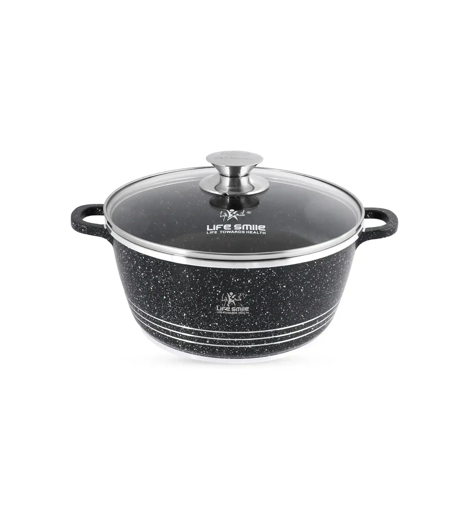 Life Smile 24cm Oven-Safe Granite Coating Cooking Pot with Glass Lid Beige/Black/Gray - Image 2