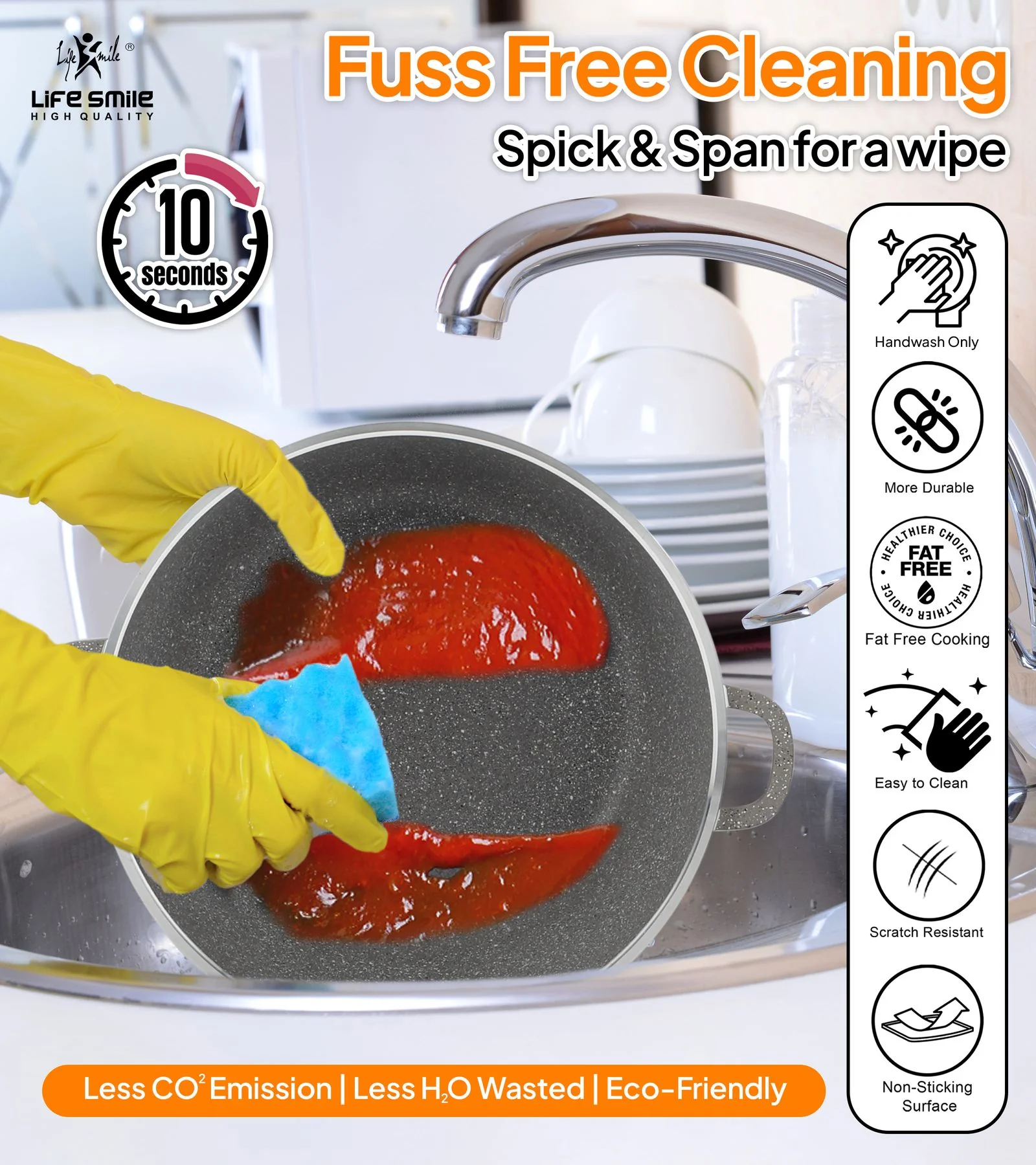 Life Smile 24cm Oven-Safe Granite Coating Cooking Pot with Glass Lid Beige/Black/Gray - Image 5